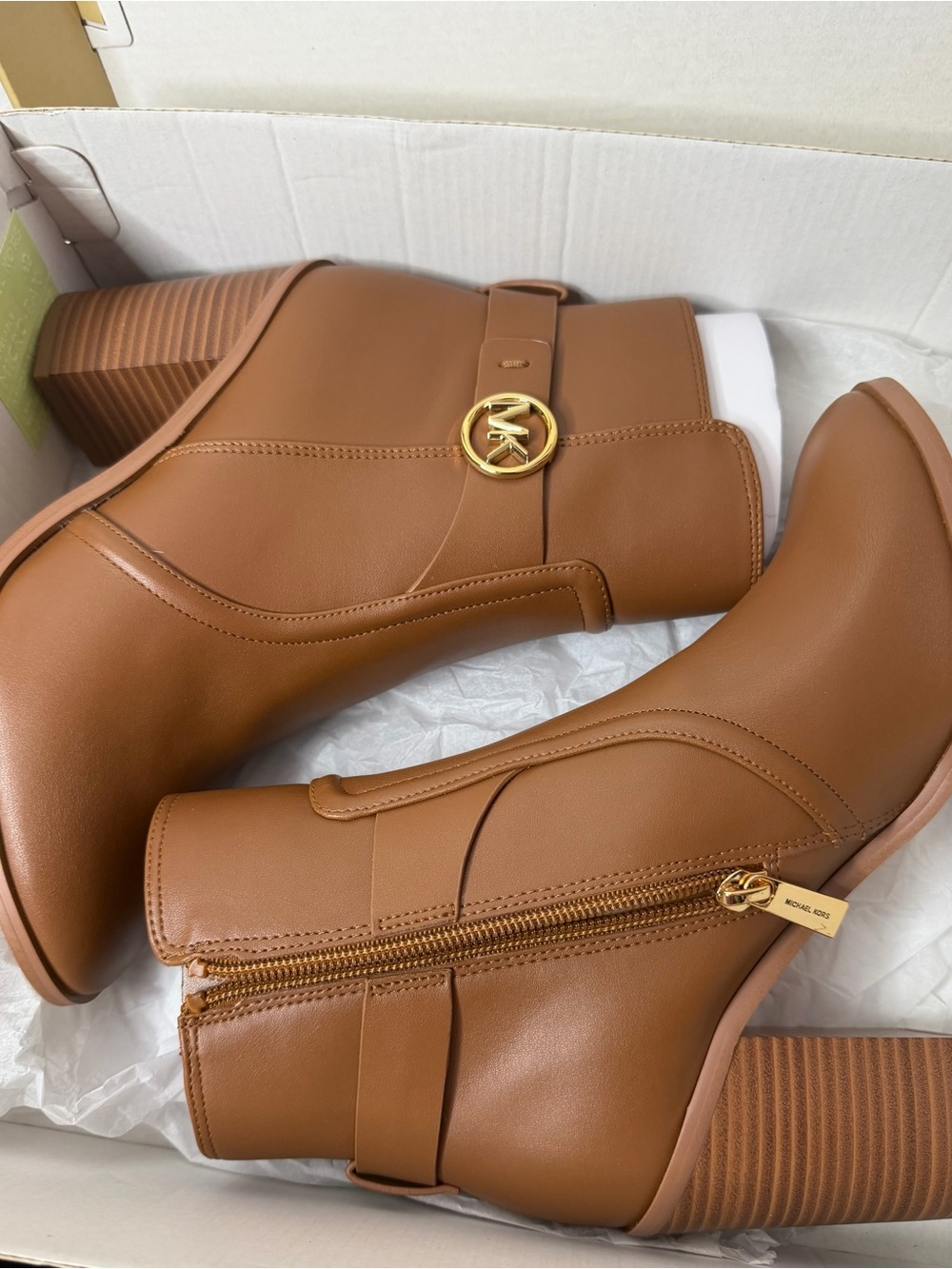 Michael Kors Brown Leather Block-Heel Ankle Boots with MK Medallion